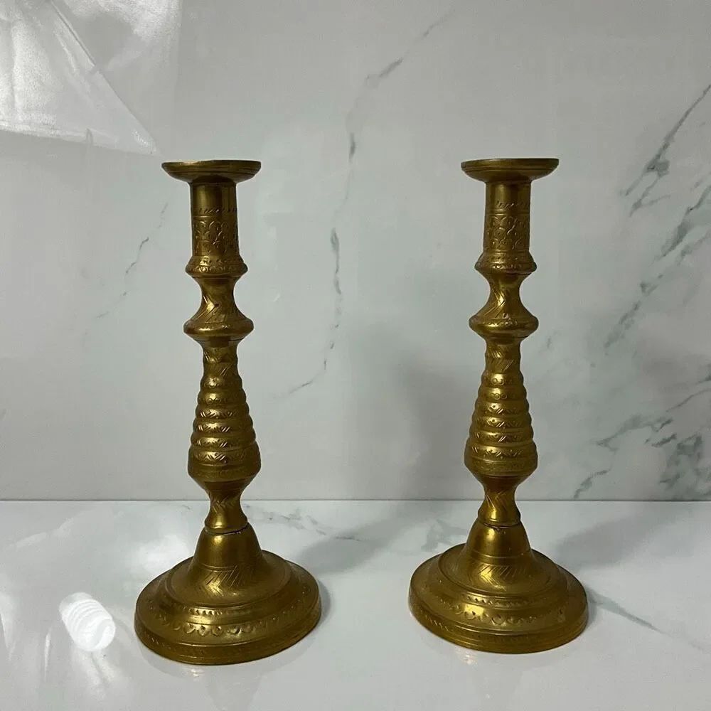Pair Of VINTAGE Etched Brass Candle Holders
